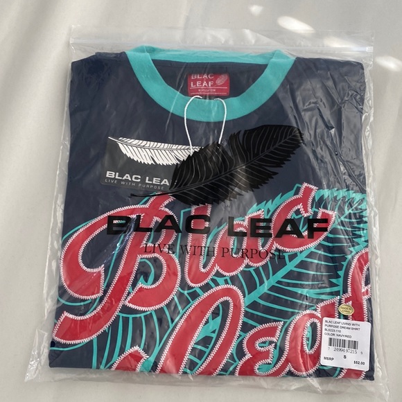 Men’s Short Sleeve Baseball Tee Blac Leaf Print Blue Blac Leaf Size S - Picture 5 of 6